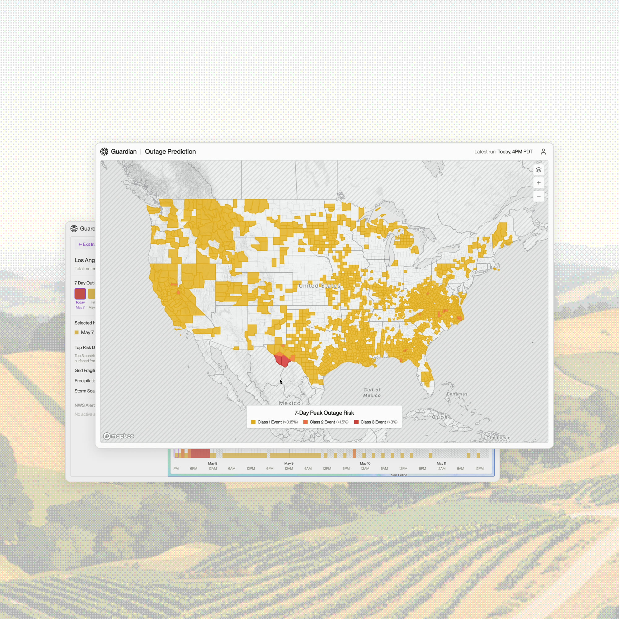Guardian outage-prediction dashboard — a US map of forecasted power-outage risk over a rolling-hills landscape
